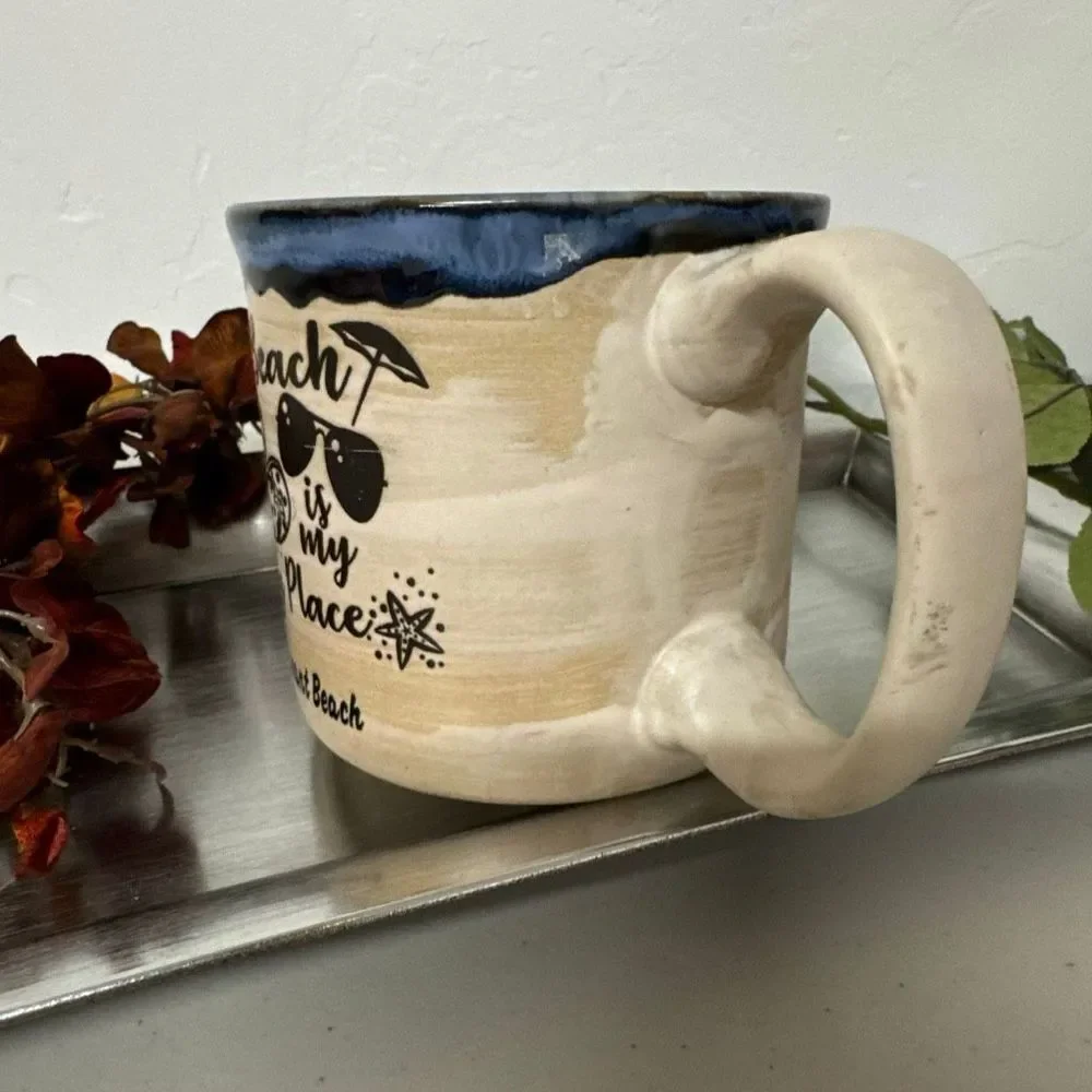 Beach Coffee Mug Ceramic Blue Trim “Happy Place” Mt Pleasant Beach Vacation